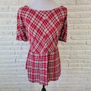 Lane Bryant Women Top 18 Plus Cap Sleeve Pink White Plaid Sash Comfy PLA109E